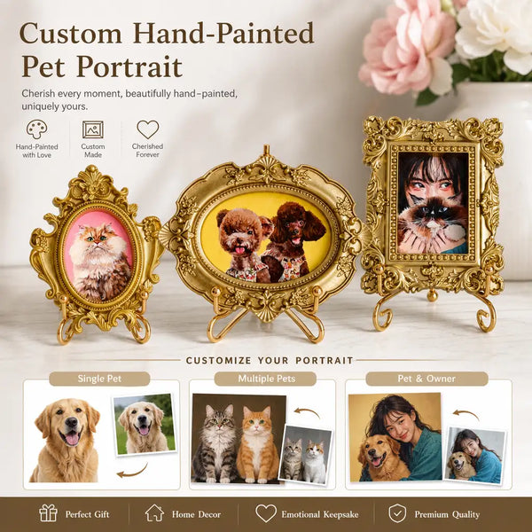Custom Pet Portrait with Vintage Gold Frame