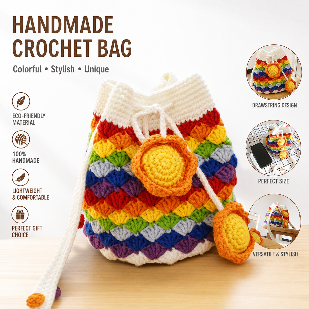 Handmade Colorful Crochet Drawstring Bag