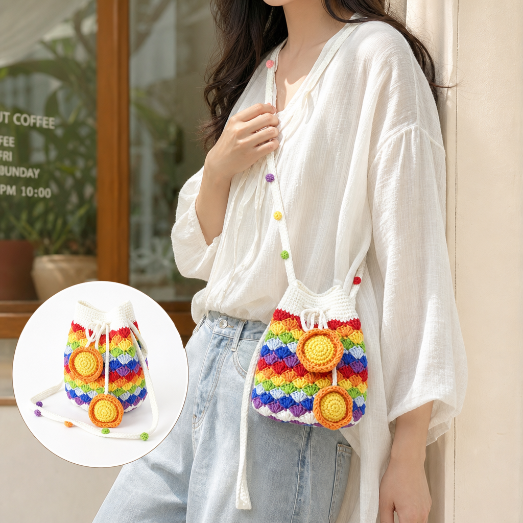Handmade Colorful Crochet Drawstring Bag