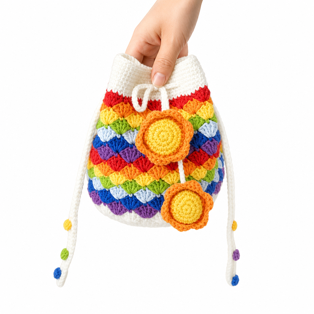 Handmade Colorful Crochet Drawstring Bag