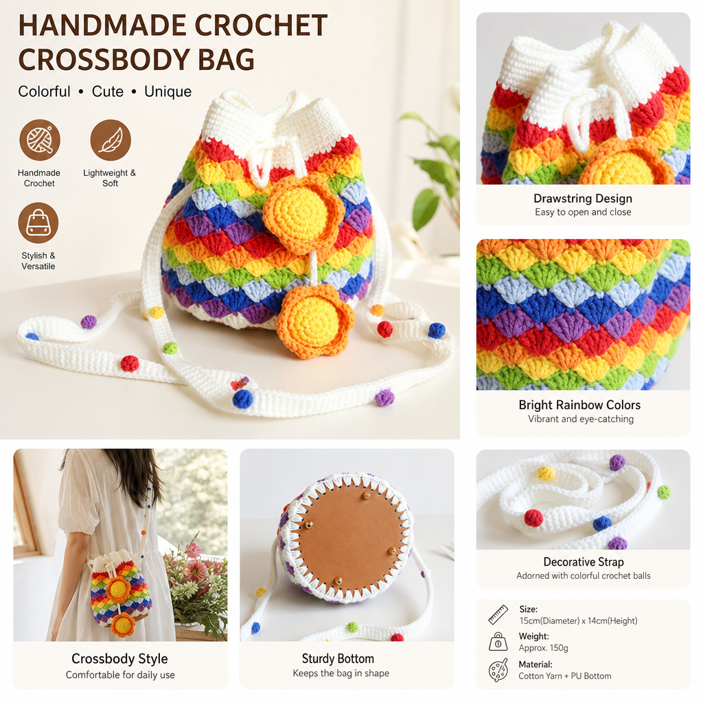 Handmade Colorful Crochet Drawstring Bag