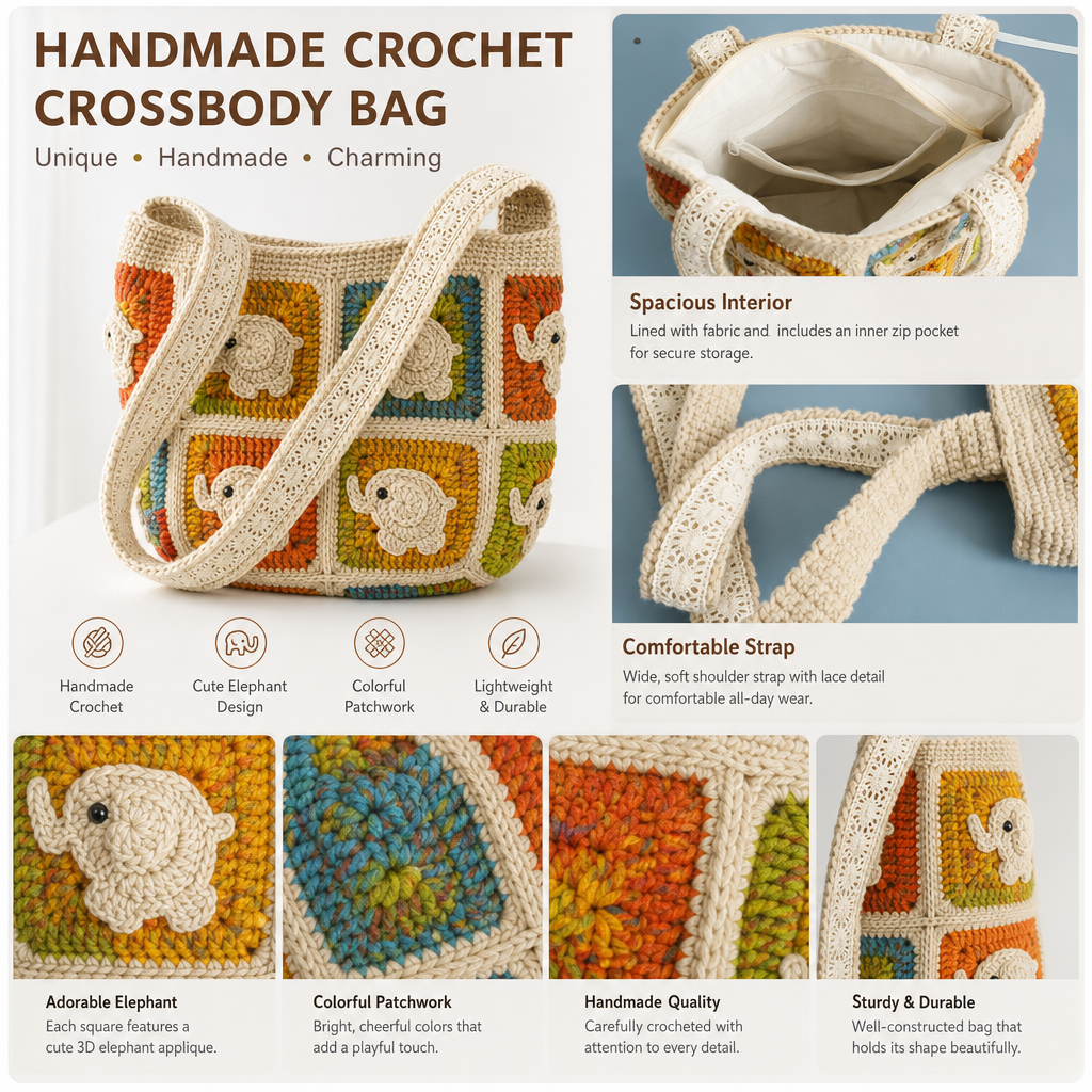 Handmade Crochet Elephant Crossbody Bag